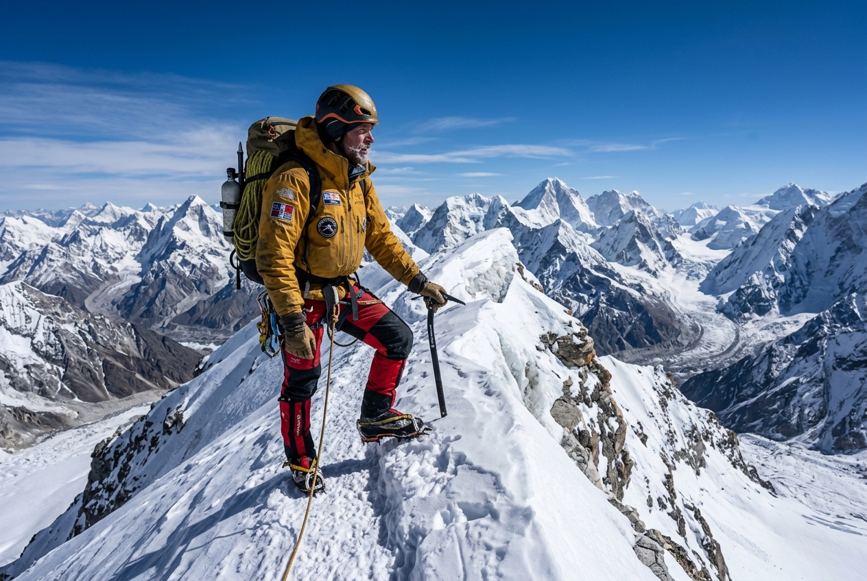 Mountaineer in yellow technical Gore-Tex parka on high-altitude snowy alpine ridge